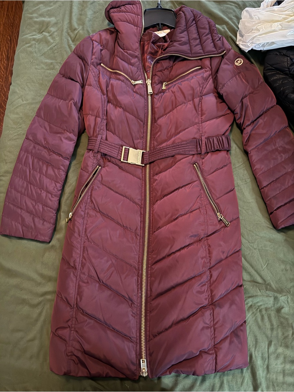 Michael Kors Long Quilted Belted Puffer Coat - Burgundy